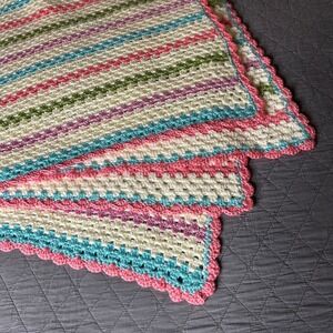 Handmade Crochet Baby Blanket Knit Throw Pastel‎ Stripe Pink Blue Green Purple